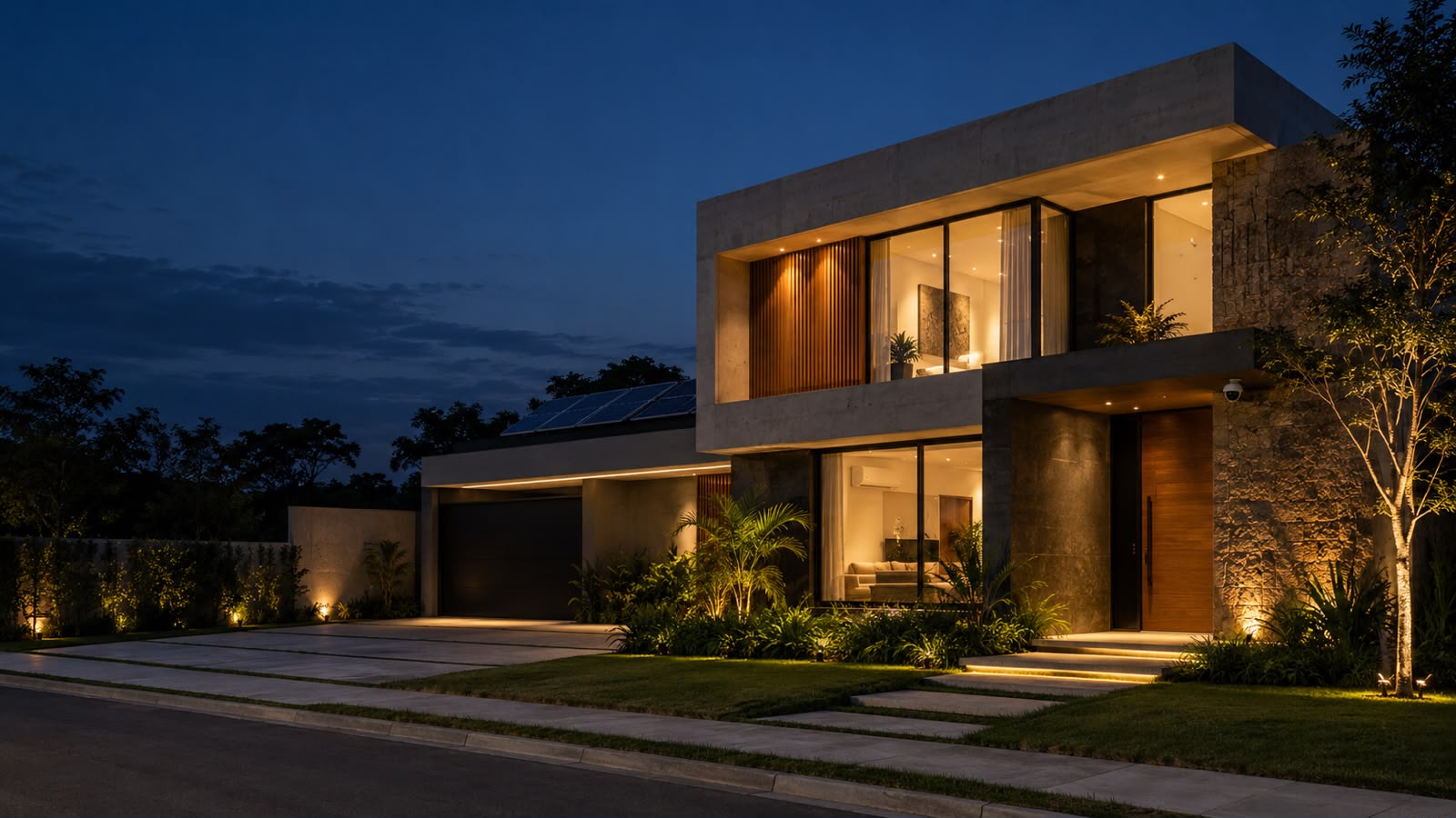 Residência contemporânea ao anoitecer, com iluminação arquitetônica e painéis solares na cobertura