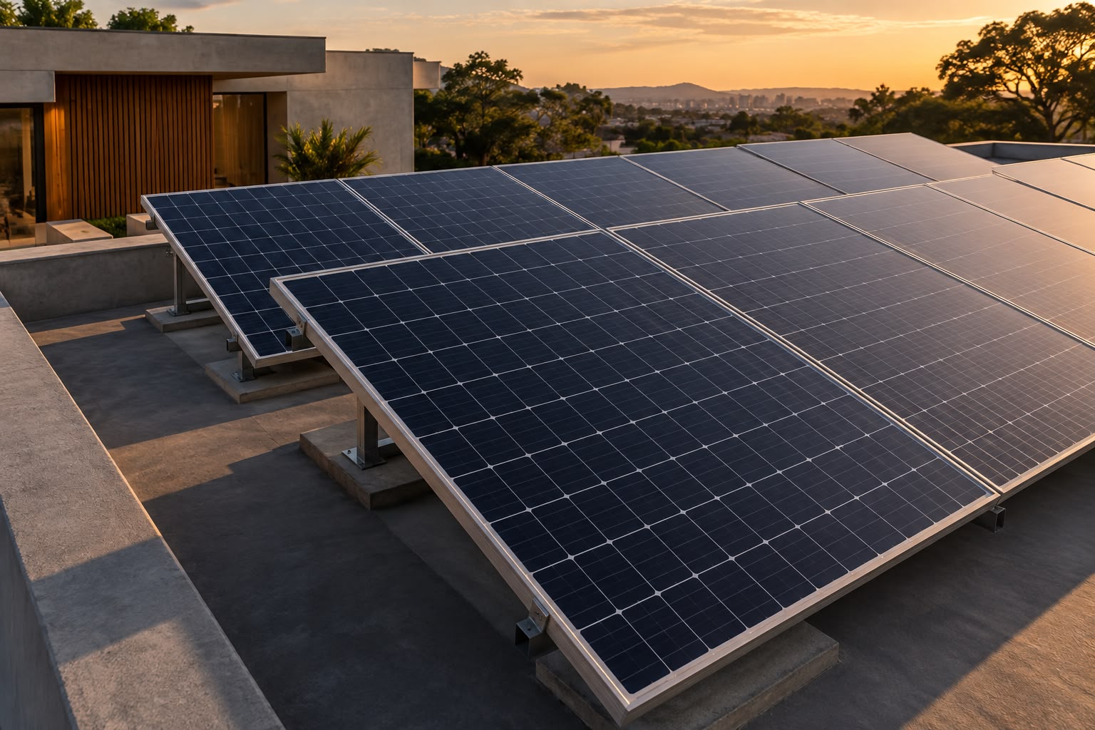 Painéis solares alinhados em cobertura residencial à luz do fim de tarde