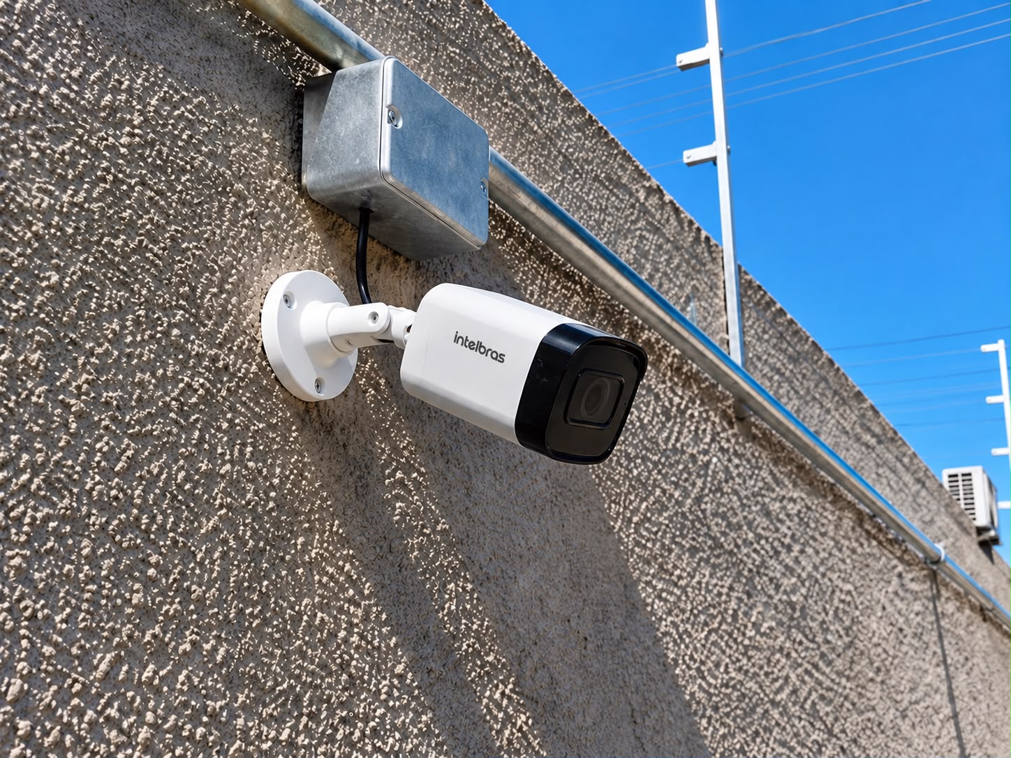 Câmera de segurança Intelbras instalada em parede externa